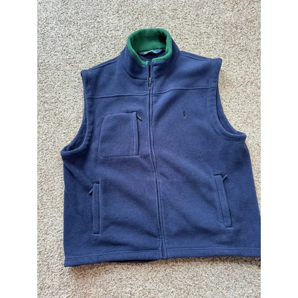 Polo Ralph Lauren Fleece Vest Mens XXL Navy Blue Green Trim Full Zip Gorpcore